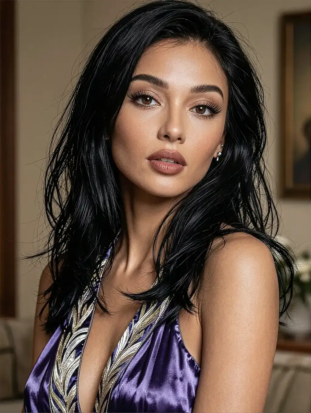 Fictional AI character in a patterned violet satin robe, sitting room blurred behind her