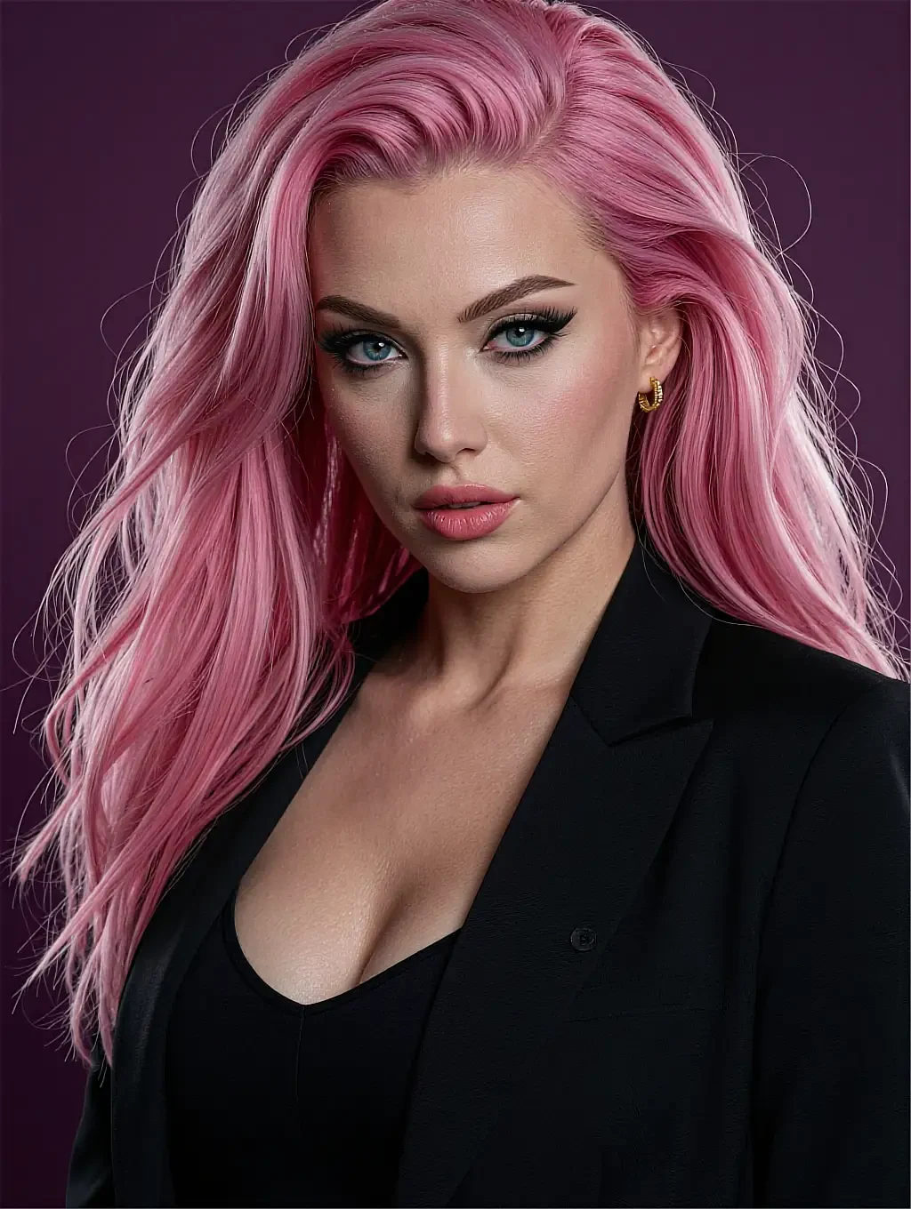 Fictional AI character with long pink hair in a black blazer, lit against a dark room